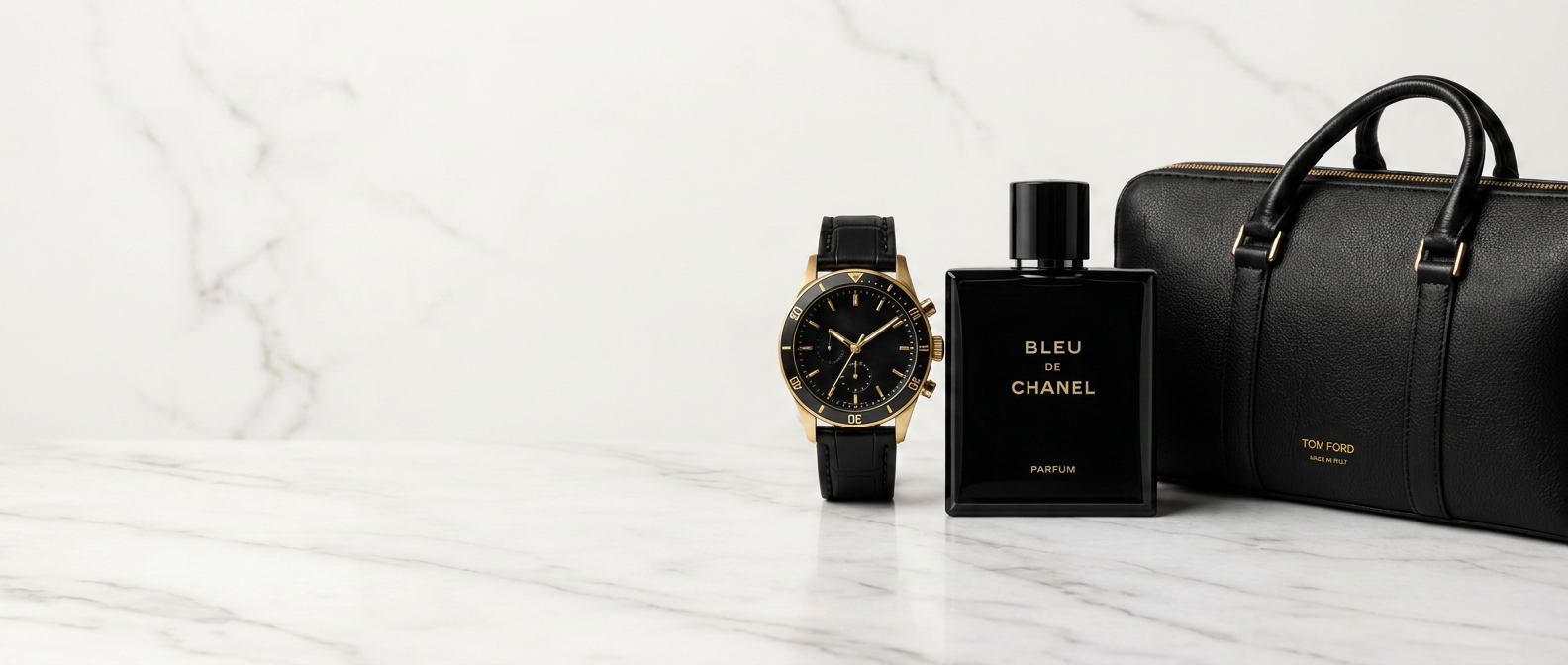 Excelência em cada detalhe — relógio, perfume e bolsa de luxo